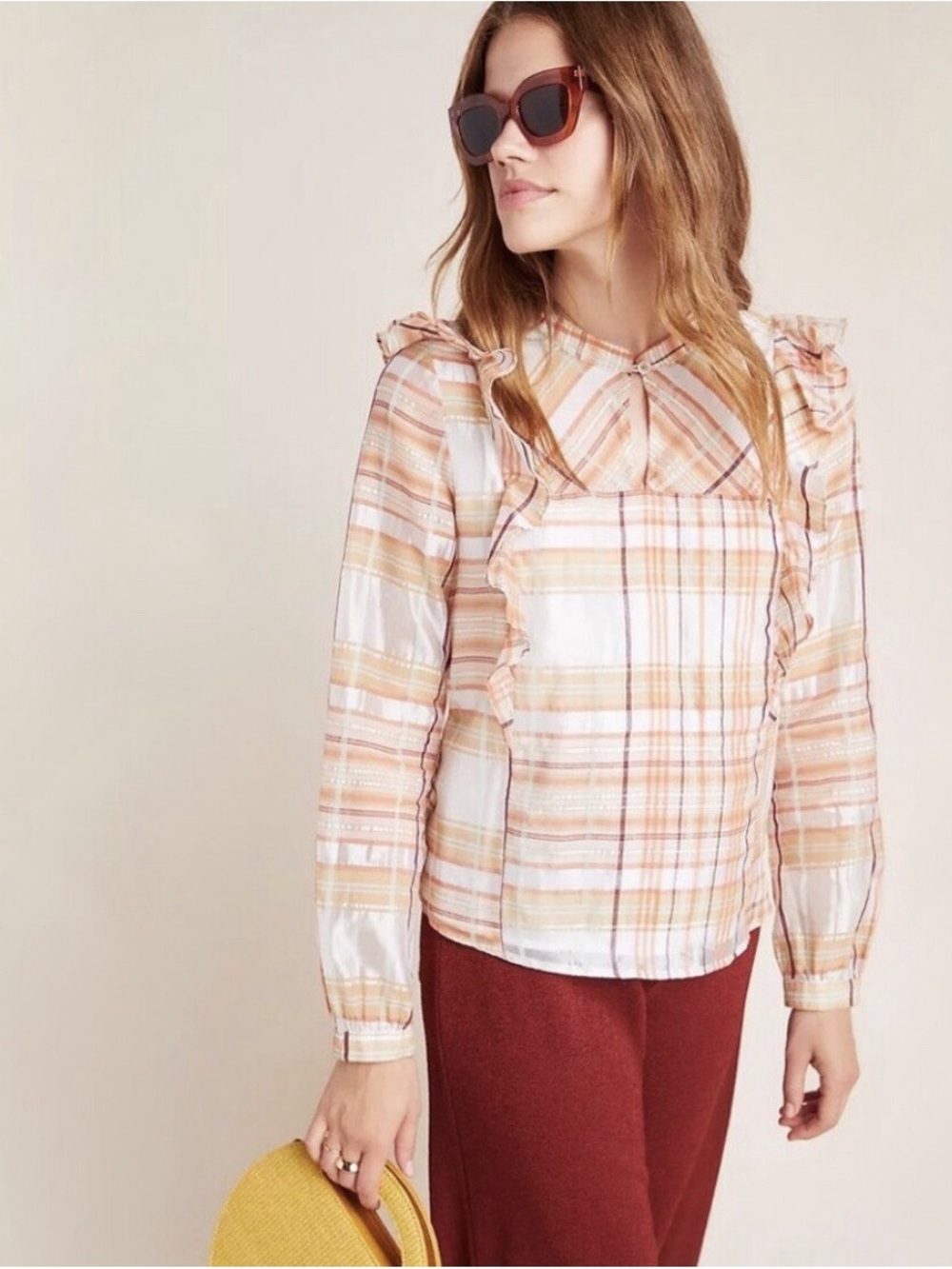 Current Air - Anthropologie Peach & Cream Plaid Ruffle Blouse